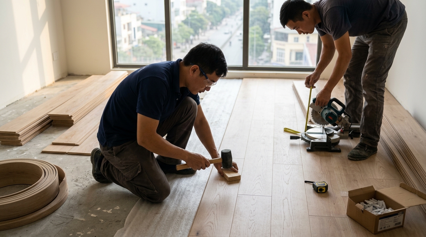 Thi công sàn gỗ công nghiệp chuyên nghiệp tại KORI